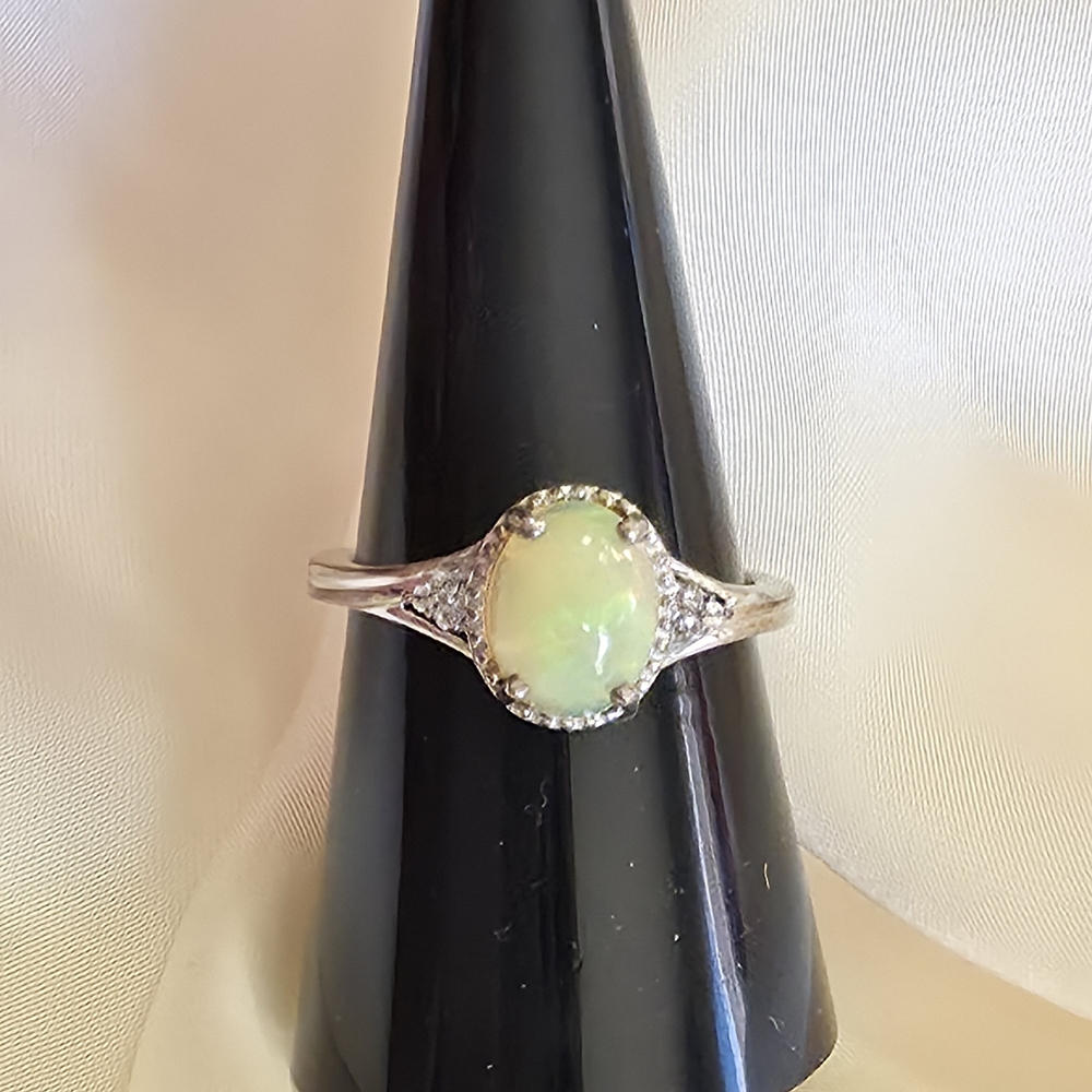 Ethiopian Welo Opal, Cambodian Zircon, Platinum Over Sterling Silver Ring Size 8